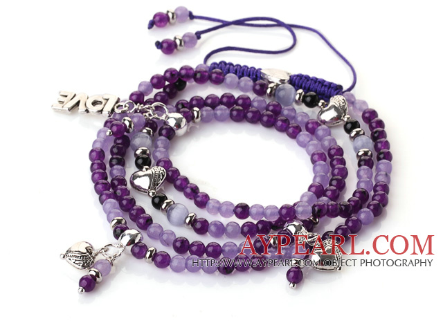 New Amazing Multi Layer Round Purple Jade Bracelet with Heart Charm and Love Letter(can also be as necklace)