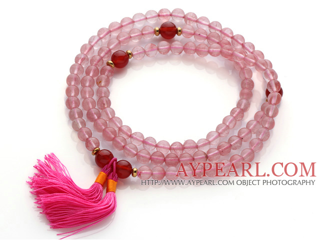 Trendy Multi Layer Round Cherry Quartz Beads Bracelet with Carnelian Beads and Pink Tassel(can also be worn as necklace)