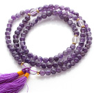 Trendy Multi Layer Round Amethyst Beads Bracelet with Clear Crystal Beads and Purple Tassel(can also be worn as necklace)