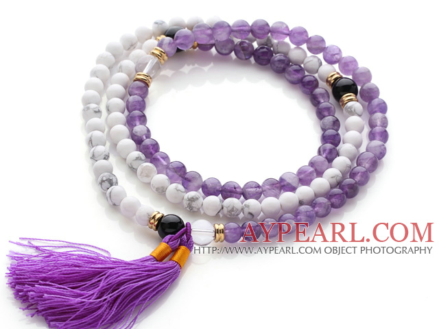 Trendy Multi Layer Round Howlite and Amethyst Beads Bracelet with Tassel(can also be worn as necklace)