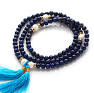Amazing Round Lapis Beads Rosary/Prayer Bracelet with White Sea Shell Beads and Blue Tassel(can also be worn as necklace)