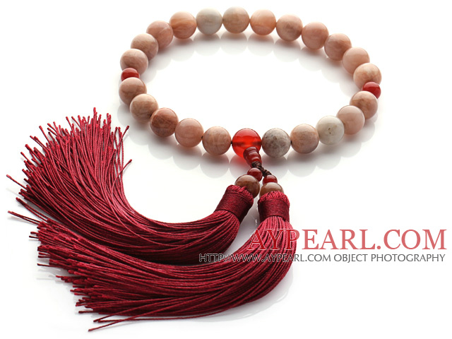 Newly Fashion Single Strand Round Sunstone and Carnelian Holding Prayer Beads with Red Tassel