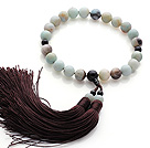 Wholesale Newly Fashion Single Strand Round Amazon Stone and Black Agate Holding Prayer Beads with Brown Tassel