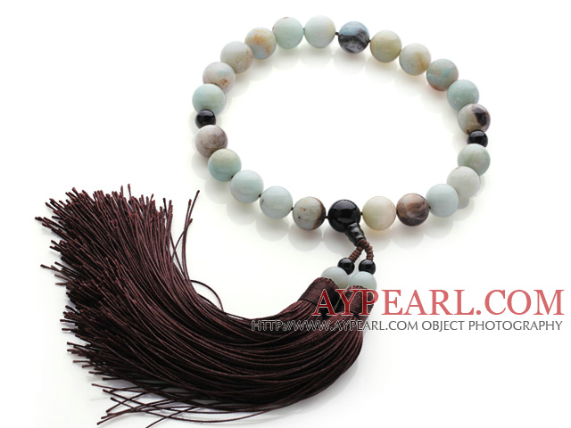 Newly Fashion Single Strand Round Amazon Stone and Black Agate Holding Prayer Beads with Brown Tassel