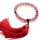 Wholesale Newly Fashion Single Strand Round Cherry Quartz and Black Agate Holding Prayer Beads with Red Tassel