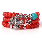 Amazing Hot Three Strands Round Red Coral Beads Bracelet with Turquoise and Amulet Accessory