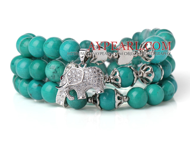 Amazing Hot Three Strands Round Green Turquoise Beads Bracelet with Lucky Elephant Accessory