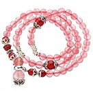 Pretty Three Strands Cherry Quartz Beads Bracelet with Carnelian and Tibet Silver Accessory