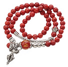 Wholesale Pretty Three Strands Round Coral Beads Bracelet with Carnelian and Tibet Silver Accessory