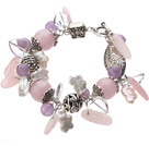 Wholesale Vintage Style Heart Shape Clear Crystal Rose Quartz Amethyst Tibet Silver Accessory Charm Bracelet With Toggle Clasp