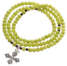 Wholesale Classic Design Multi Strands Round Olivine Green Jade Beads Amulet Bracelet With Metal Cross Charm