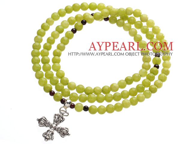 Classic Design Multi Strands Round Olivine Green Jade Beads Amulet Bracelet With Metal Cross Charm