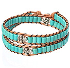 Popular Style Double Strands Cylinder Shape Blue Turquoise Brown Leather Woven Wrap Bangle Bracelet With Metal Skull Head