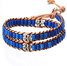 Popular Style Double Strands Cylinder Shape Deep Blue Turquoise Brown Leather Woven Wrap Bangle Bracelet With Metal Skull Head