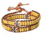 Popular Style Double Strands Cylinder Shape Yellow Turquoise Brown Leather Woven Wrap Bangle Bracelet With Metal Skull Head