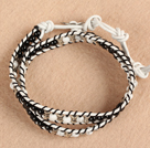 Wholesale Trendy Style Popular Double Strands Round Black Agate And Howlite Beads White Leather Woven Wrap Bangle Bracelet With Metal Accessory
