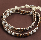 Wholesale Trendy Style Popular Double Strands Round Tiger Eye And Howlite Beads White Leather Woven Wrap Bangle Bracelet With Metal Accessory