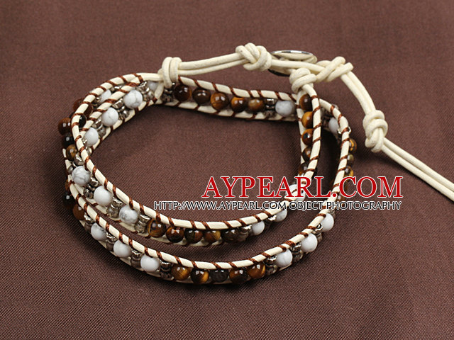 Trendy Style Popular Double Strands Round Tiger Eye And Howlite Beads White Leather Woven Wrap Bangle Bracelet With Metal Accessory