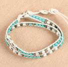 Trendy Style Popular Double Strands Round Blue Turquoise And Howlite Beads White Leather Woven Wrap Bangle Bracelet With Metal Accessory