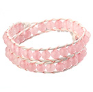 Wholesale Beautiful Double Strands 6mm Round Rose Quartz Beads White Leather Woven Wrap Bangle Bracelet