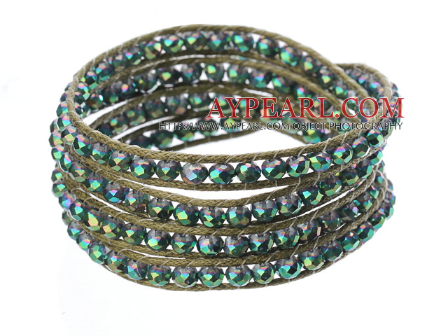 Amazing Fashion Multi Strands Green With Colorful Crystal Beads Woven Wrap Bangle Bracelet With Shell Clasp