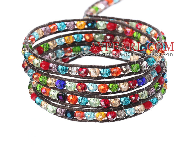 Amazing Fashion Multi Strands Multi Color Crystal Beads Woven Wrap Bangle Bracelet With Brown Wax Thread
