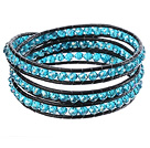 Amazing Fashion Multi Strands Blue Crystal Beads Black Leather Woven Wrap Bangle Bracelet With Metal Clasp