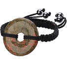 Discount Trendy Style Big Donut Shape Green Piebald Stone Black Thread Woven Adjustable Drawstring Bracelet