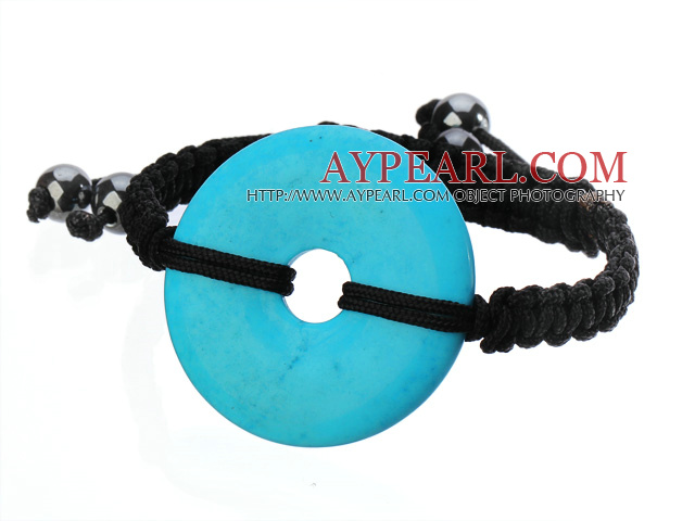 Trendy Style Big Donut Shape Blue Turquoise Black Thread Woven Adjustable Drawstring Bracelet