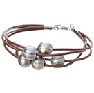 Simple Fashion Style Multi Strands 10-11mm Natural Gray Freshwater Pearl Brown Leather Bracelet With Lobster Clasp
