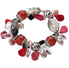 Wholesale Vintage Style Heart Shape Clear Crystal Red Agate Button Pearl Red Coral And Tibet Silver Accessory Bracelet With Toggle Clasp