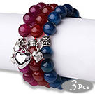 Wholesale 3 pcs Beautiful Round Multi Color Agate Beaded Elastic Bracelets with Thai Silver Charm