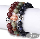 Wholesale Cool Style 3 pcs Round Strawberry Quartz Green Opal and Blue Sandstone Beaded Stretch Bracelet with Charm