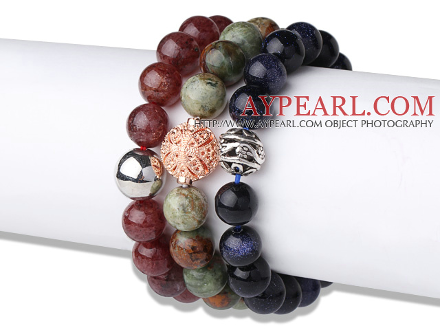 Cool Style 3 pcs Round Strawberry Quartz Green Opal and Blue Sandstone Beaded Stretch Bracelet with Charm