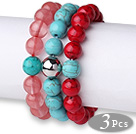Wholesale Lovely 3 pcs Round Cherry Quartz Turquoise and Red Bloodstone Beaded Elastic Bracelet with Heart Charm