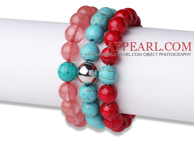 Lovely 3 pcs Round Cherry Quartz Turquoise and Red Bloodstone Beaded Elastic Bracelet with Heart Charm