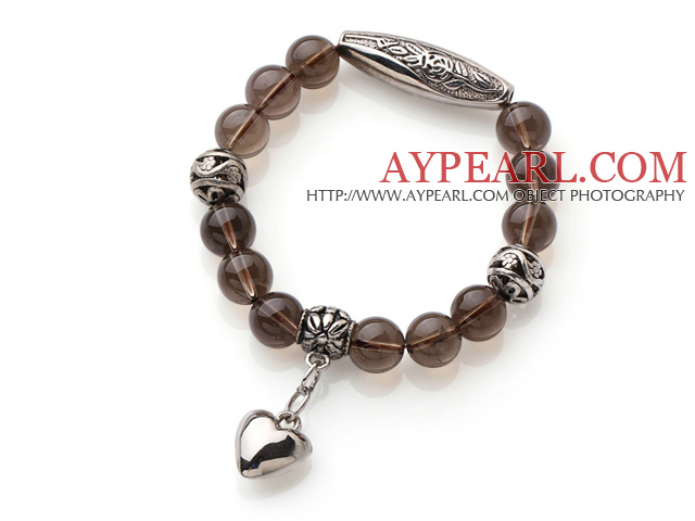 10mm Natural Round Smoky Quartz Beaded Elastic Bracelet with Thai Silver Accessory