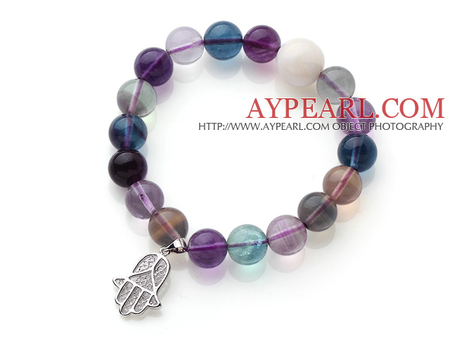 High Quality 10mm A Grade Round Rainbow Fluorite Beaded Stretchy Bracelet with White Sea Shell and Charm