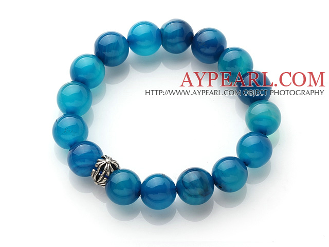 Pretty 12mm Single Strand Round Blue Agate Beaded Stretchy Bracelet