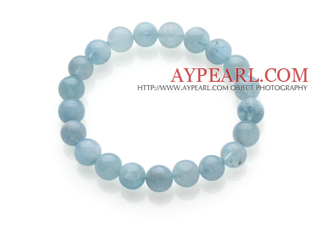 Pretty Single Strand Round Natural Aquamarine Beaded Stretchy Bracelet