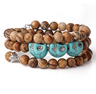 Wholesale New Arrival Multi Strands Round Picture Jasper Beaded Elastic Bracelet with Turquoise Skull and Charm
