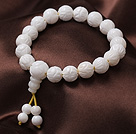 10mm Single Strand Carved Lotus White Sea Shell Beaded Elastic Bracelet with Rosary/ Prayer Beads