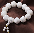Discount 16mm Single Strand Carved Lotus White Sea Shell Beaded Elastic Bracelet with Rosary/ Prayer Beads