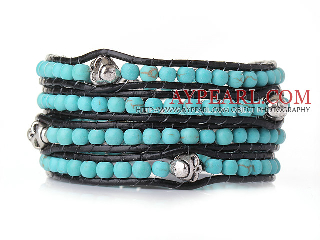 Popular Style Multi Strands Blue Turquoise Beads Bracelet with Black Leather and Skull