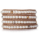 Popular Style Multi Strands Round White Acrylic Pearl Beads Bracelet with Brown Leather