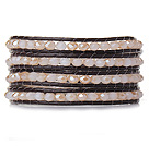 Wholesale Popular Style Multi Strands Pink Jade-Like Crystal Beads Bracelet with Dark Brown Leather