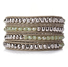 Wholesale Popular Style Multi Strands Green Jade-Like Crystal Beads Bracelet with Leather