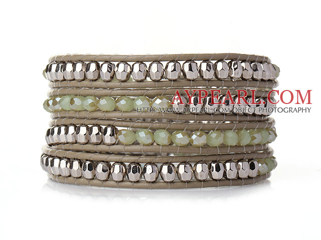 Popular Style Multi Strands Green Jade-Like Crystal Beads Bracelet with Leather