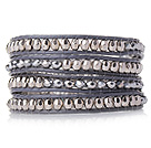 Wholesale Popular Style Multi Strands Silver and Grey Manmade Crystal Beads Bracelet with Grey Leather