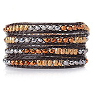 Popular Style Multi Strands Multi Color Manmade Crystal Beads Bracelet with Dark Brown Leather